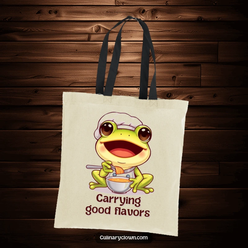 Funny frog chef tote bag displaying a joyful frog wearing a chef's hat, enthusiastically tasting a spoonful of soup.