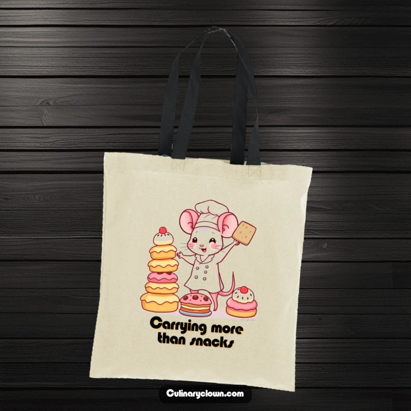 Funny Kawaii Mouse Chef Tote Bag: A cute mouse chef precariously balancing an impressive tower of various pastries, ready to go on an outing.