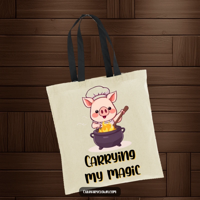 Funny kawaii pig chef in a chef hat stirring a large bubbling cauldron, depicted on a stylish and functional tote bag.