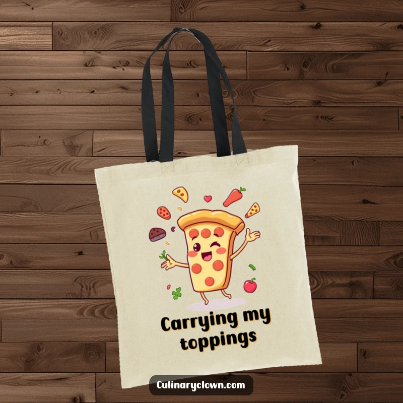 Funny Tote Bag with a cheerful pizza slice character juggling ingredients, perfect for carrying groceries or pizza with a playful design.
