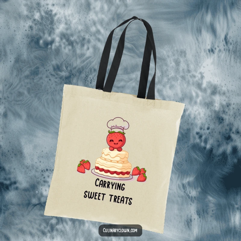 Funny Tote Bag showing a strawberry chef character proudly frosting a cake, perfect for carrying baking essentials humorously.