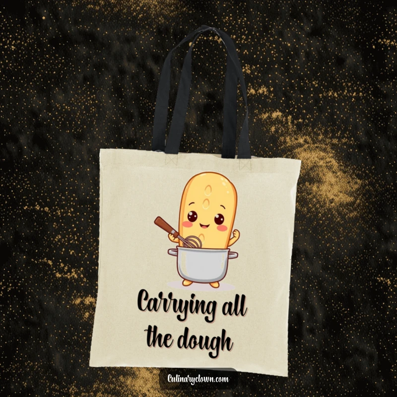 Funny Tote Bag with a playful baguette character, bright-eyed and whisking a pot, perfect for market runs and culinary adventures.