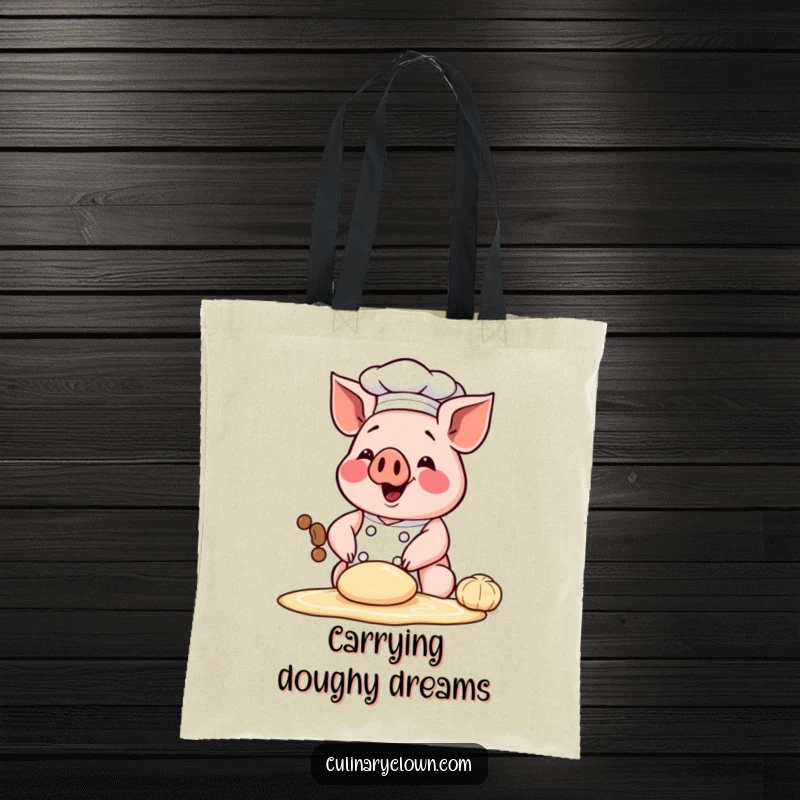 Funny tote bag with a happy chef pig character kneading dough, perfect for carrying baking supplies with cheerful humor.