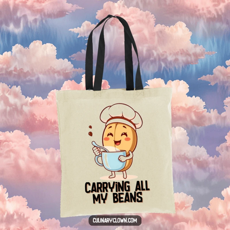 Funny tote bag displaying a happy coffee bean chef character brewing coffee, ideal for carrying groceries or daily items with humor.