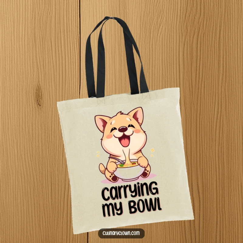 Funny tote bag with a delighted dog character happily tasting soup, perfect for pet parents on the go.
