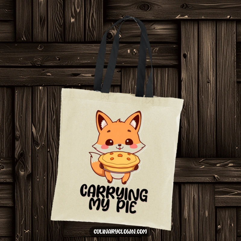 Funny tote bag depicting a cheerful fox character proudly presenting a baked pie, great for carrying goodies.