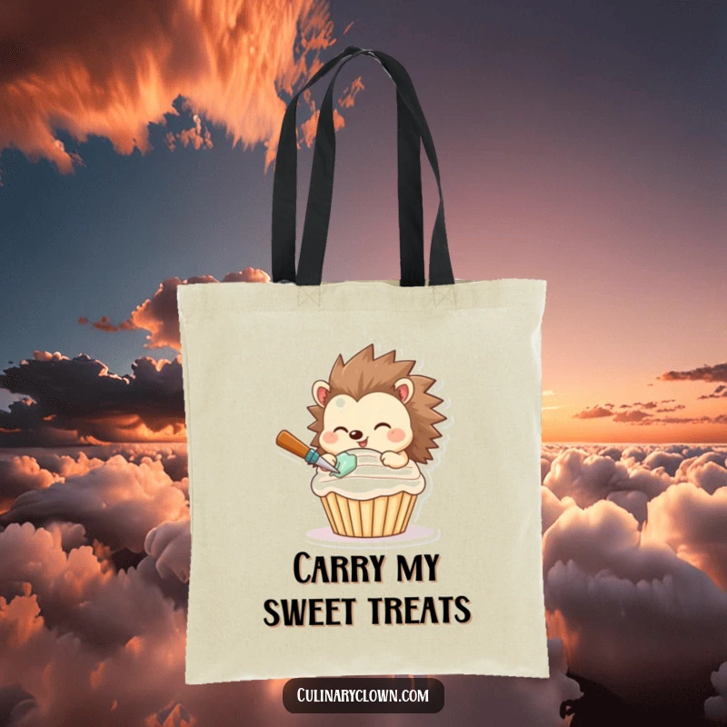 Funny tote bag depicting a smiling hedgehog expertly frosting a cupcake, ideal for carrying baking supplies.