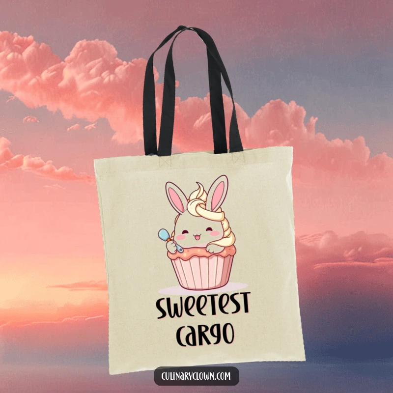 Funny kawaii bunny character frosting a giant cupcake on a tote bag, ideal for a sweet-loving owner.