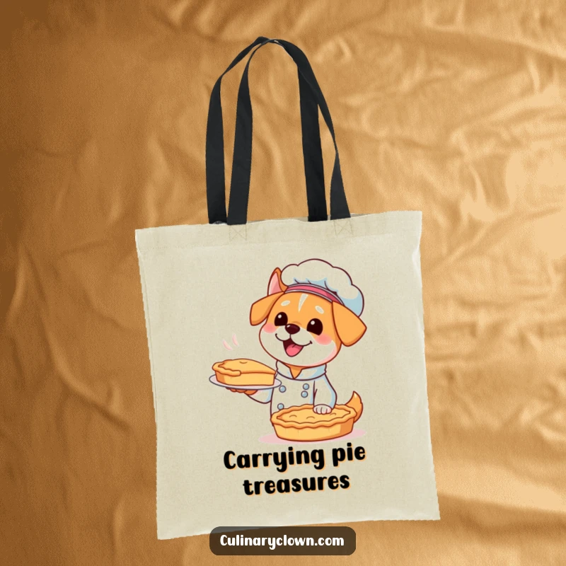Funny Kawaii Dog Chef Tote Bag: An excited dog chef proudly holds a perfectly baked pie on a practical tote.