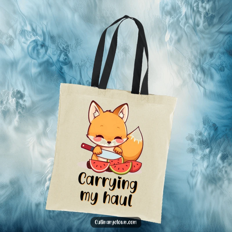 Funny kawaii fox character slicing fruit on a tote bag, for a health-conscious owner.