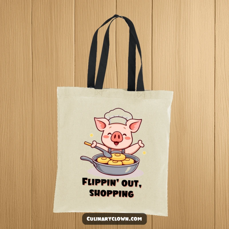 Funny Kawaii Pig Chef Tote Bag: A durable tote featuring a cute cartoon pig chef happily flipping pancakes, ideal for shopping and daily use.