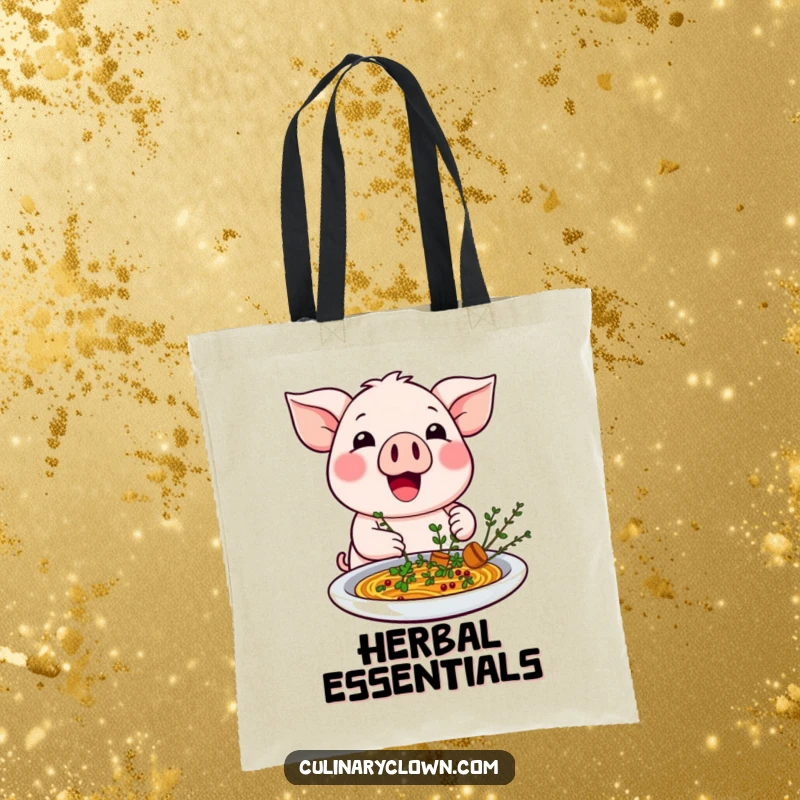 Funny kawaii pig character garnishing a dish with herbs on a tote bag, for a culinary enthusiast.