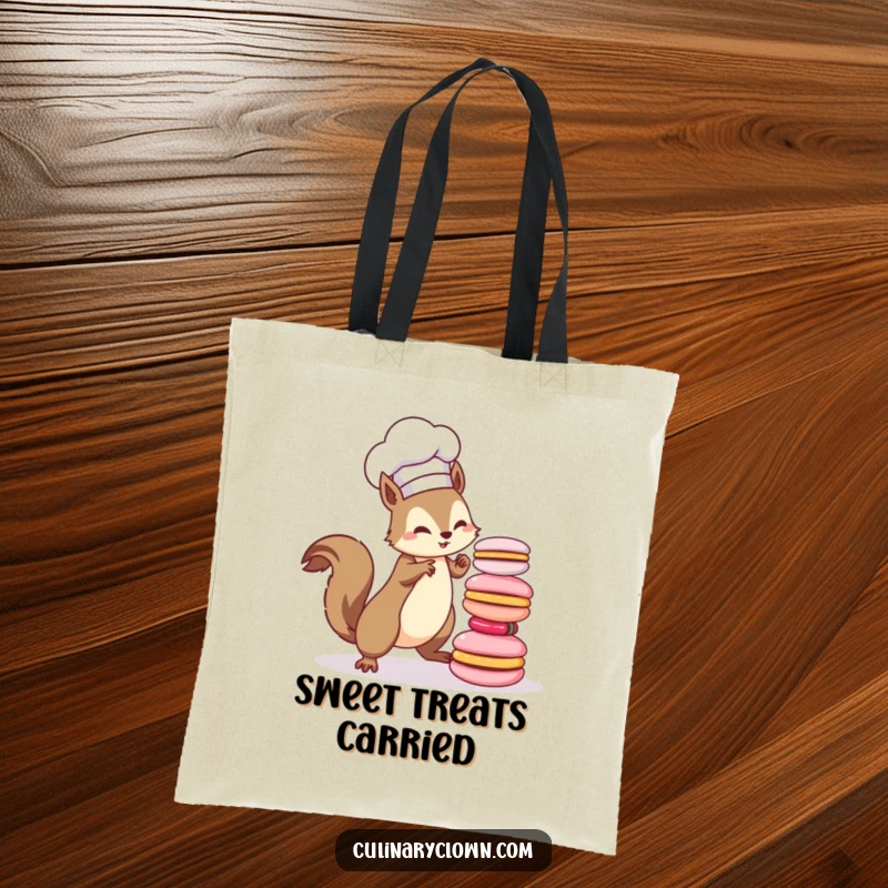Funny kawaii squirrel chef with a chef hat, holding a stack of colorful macarons, on a durable tote bag.