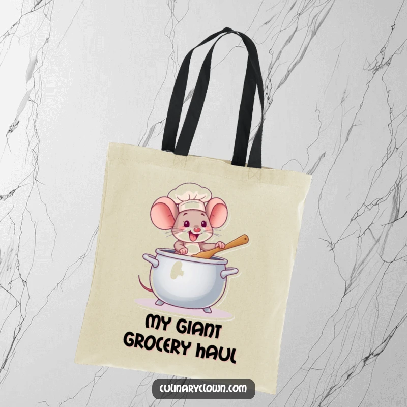 Funny Mouse Chef Tote Bag: A cheerful mouse chef stirs a big pot, making this a practical yet humorous accessory for food lovers.