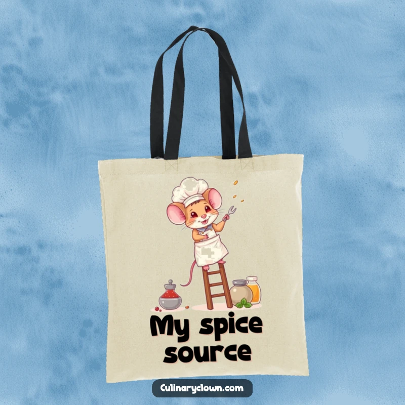 Funny mouse chef tote bag displaying a brave mouse wearing a chef's hat, climbing a ladder towards a shelf filled with spice jars.