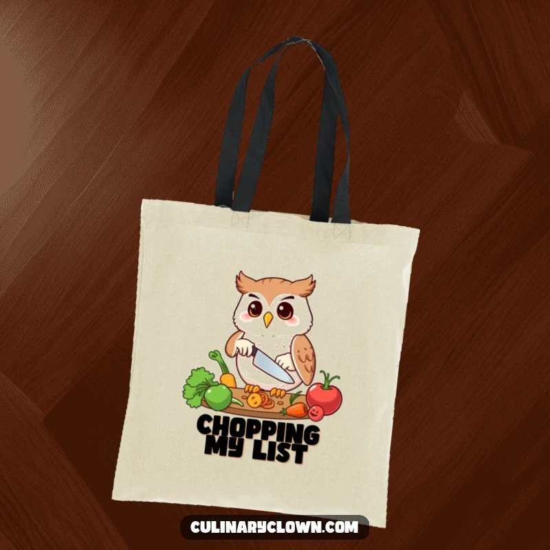 Funny tote bag depicting a happy owl character precisely chopping vegetables, great for grocery shopping.