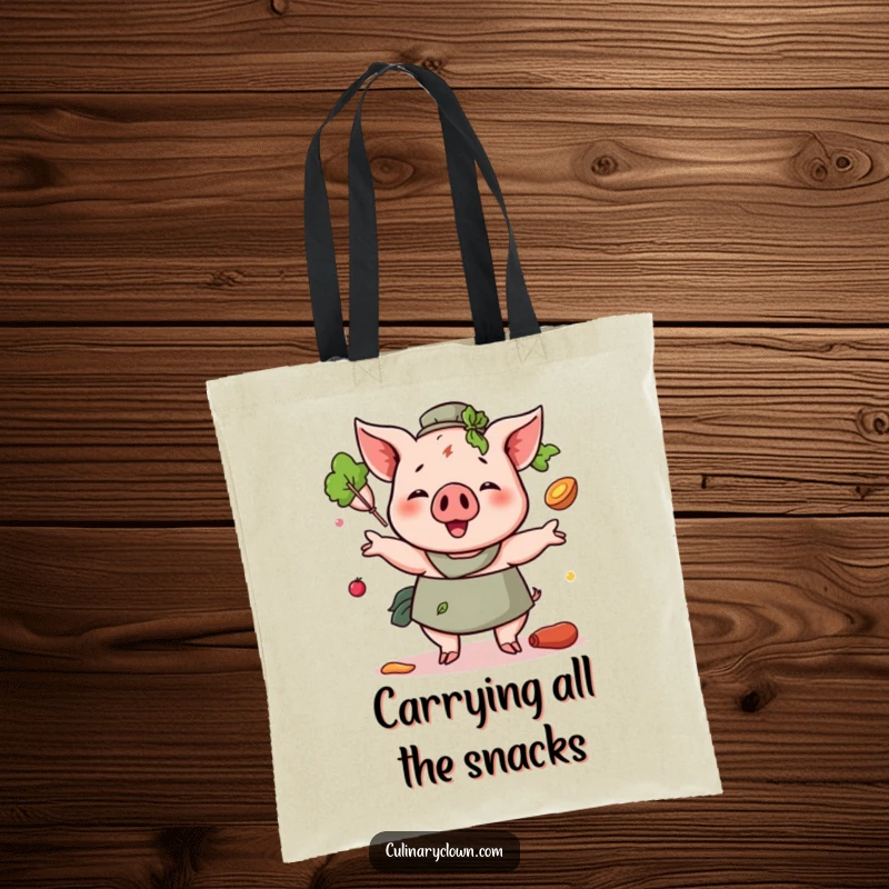 Funny Pig Juggling Ingredients Tote Bag featuring a cheerful pig character playfully tossing various food items, perfect for market trips.