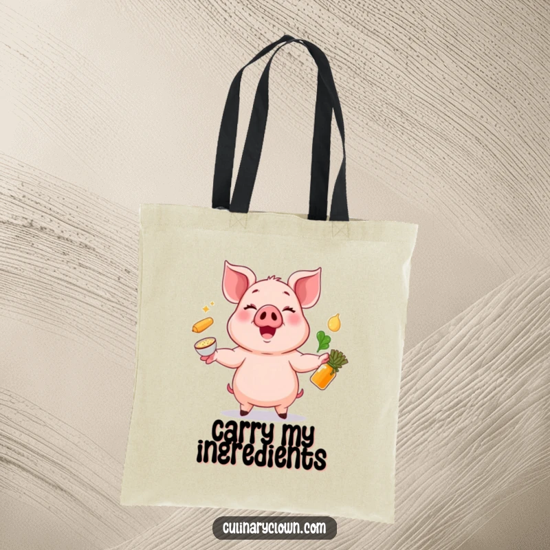 Funny tote bag depicting a cheerful pig character juggling cooking ingredients, perfect for culinary adventures.
