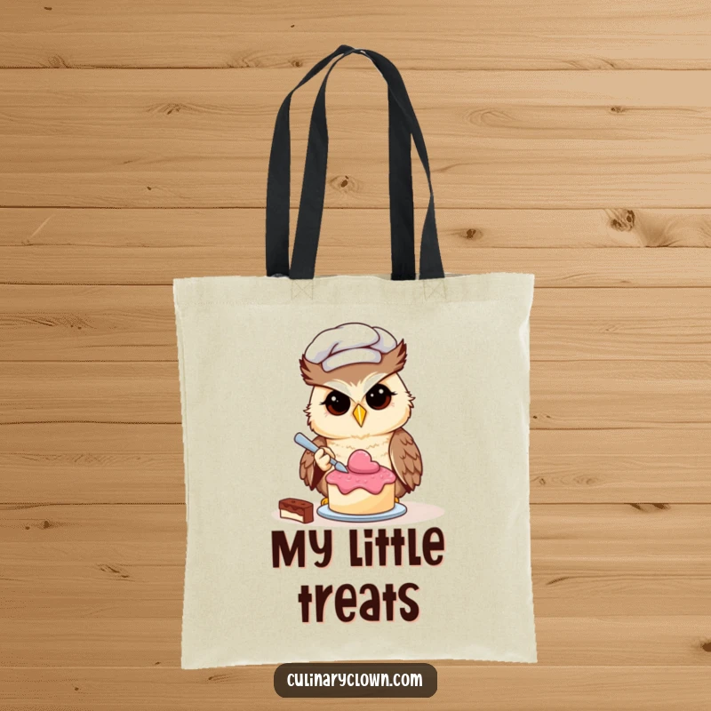 Funny owl chef meticulously decorating a small cake, a practical and humorous tote.