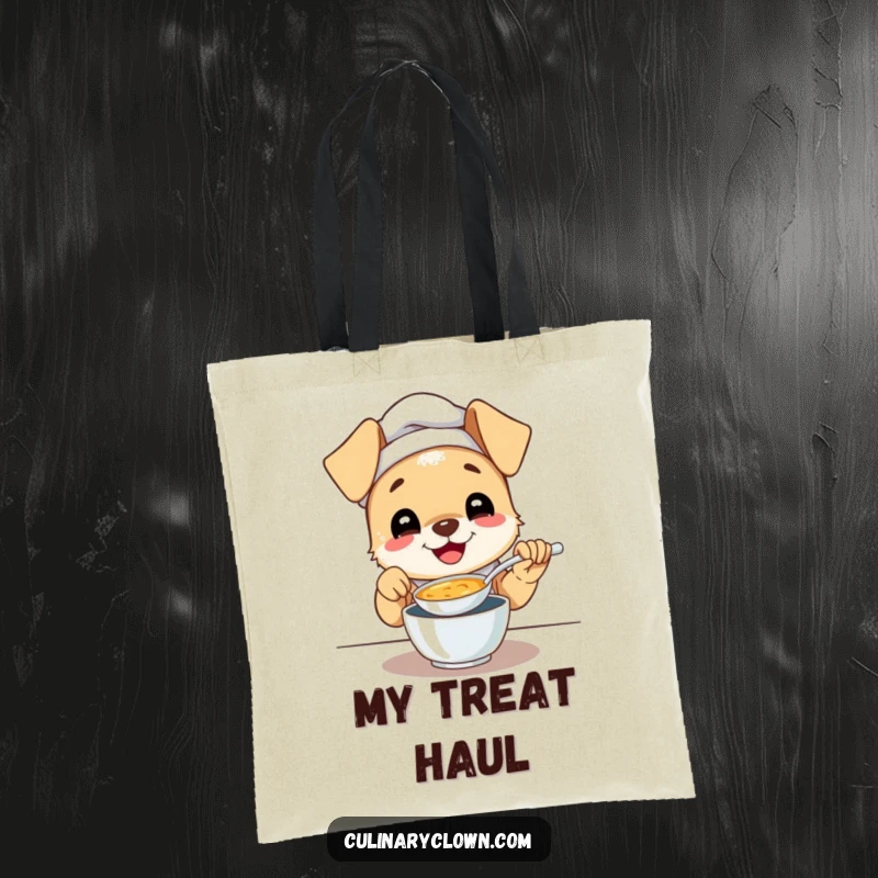 Funny tote bag with a gleeful puppy chef happily tasting a spoonful of soup, perfect for carrying daily items.