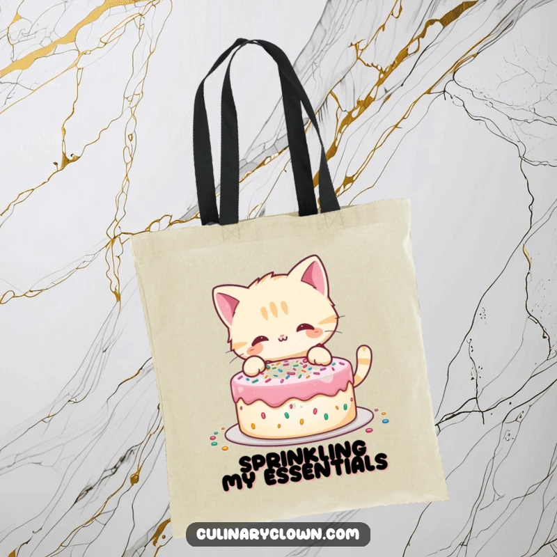 Funny tote bag depicting a playful cat character decorating a cake with sprinkles, great for carrying goodies.